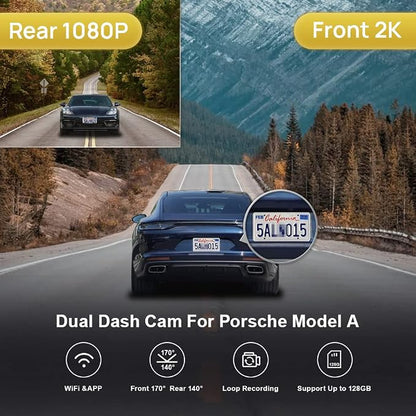 Fitcamx 2K Dual Dash Cam Adapts for Porsche 911 992 Cayenne 9YA 9Y0 9Y3 Panamera 971 Taycan (Model A), OEM Look, Front 1440P+Rear 1080 HD Video, WiFi & APP, Loop Recording, Parking Sensor, 64GB Card