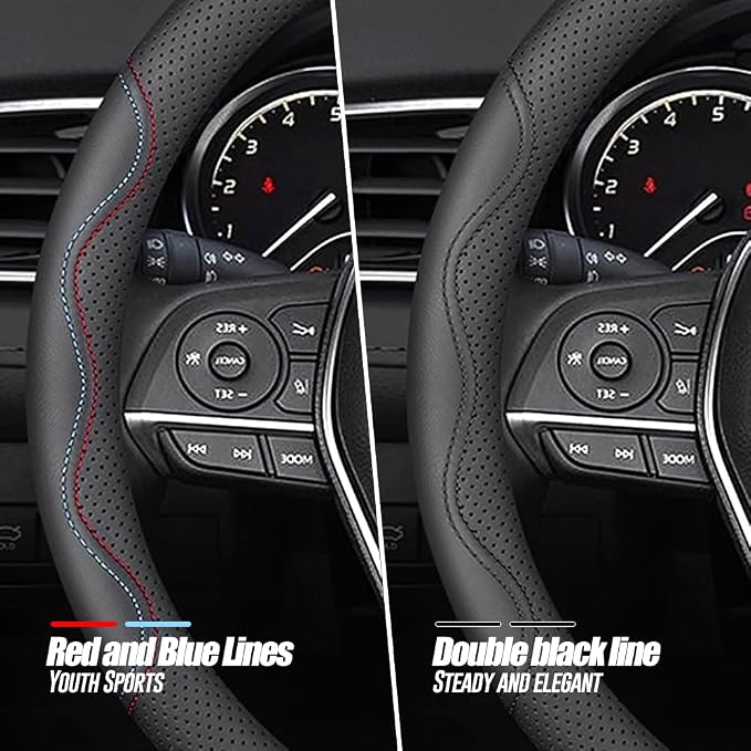 LKWLIKEI Nappa Premium Leather car Steering Wheel Cover, Non-Slip, Breathable, Universal 15 inches,Black and red Blue line