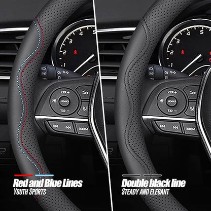LKWLIKEI Nappa Premium Leather car Steering Wheel Cover, Non-Slip, Breathable, Universal 15 inches,Black and red Blue line