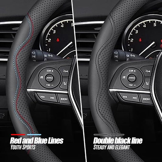LKWLIKEI Nappa Premium Leather car Steering Wheel Cover, Non-Slip, Breathable, Universal 15 inches,Black and red Blue line