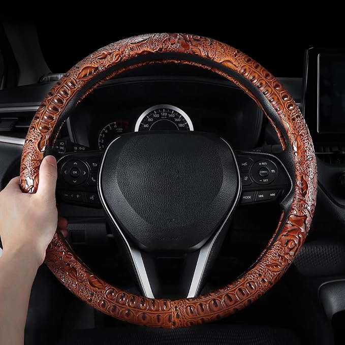 Leather Auto Car Steering Wheel Cover,Anti Slip Universal 15 Inch,Brown Crocodile with Rose Grain