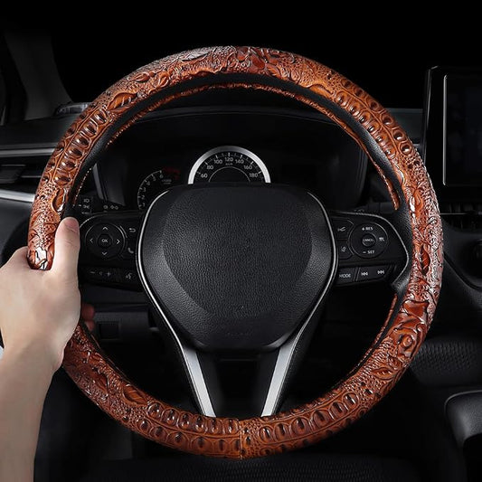 Leather Auto Car Steering Wheel Cover,Anti Slip Universal 15 Inch,Brown Crocodile with Rose Grain