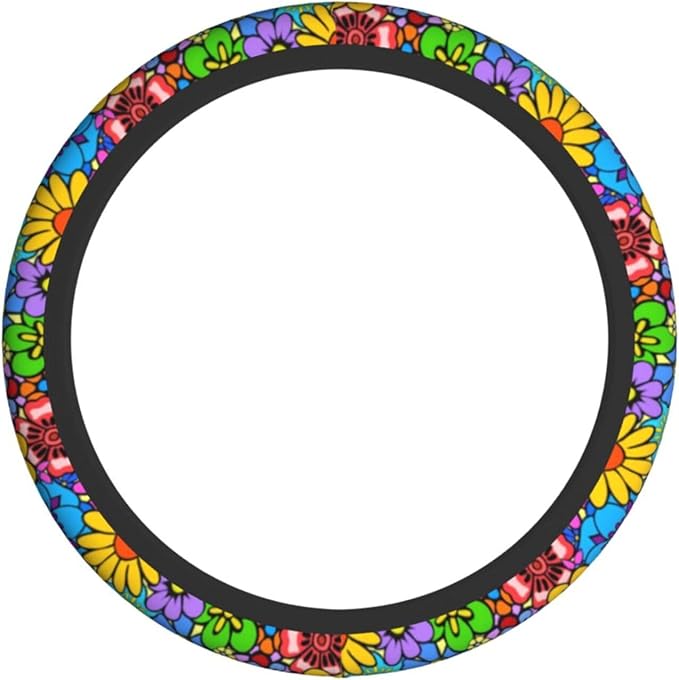Hippie Flower Steering Wheel Cover Car Accessories Cute for Women Girls Girly Universal 15 Inch Neoprene Auto Interior Decor Anti Slip Car Truck Protector