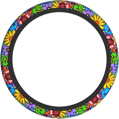 Hippie Flower Steering Wheel Cover Car Accessories Cute for Women Girls Girly Universal 15 Inch Neoprene Auto Interior Decor Anti Slip Car Truck Protector