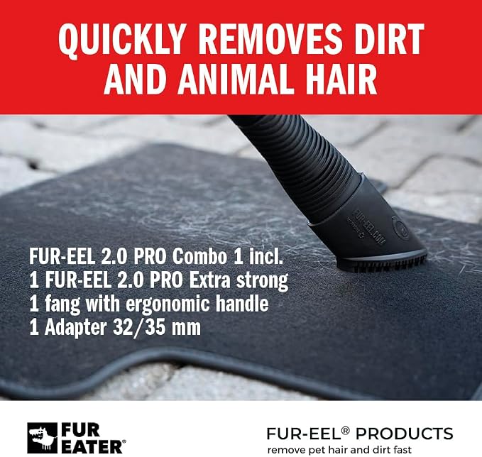 FUR-EEL PRO 2.0 Pet Hair Remover Vacuum Attachment, Replaceable Rubber Brush Head for Dog & Cat Hair, Fits 1-1/4, 1-3/8 & 1-1/2 in Round Hoses, for Car Detailing, Carpet & Upholstery
