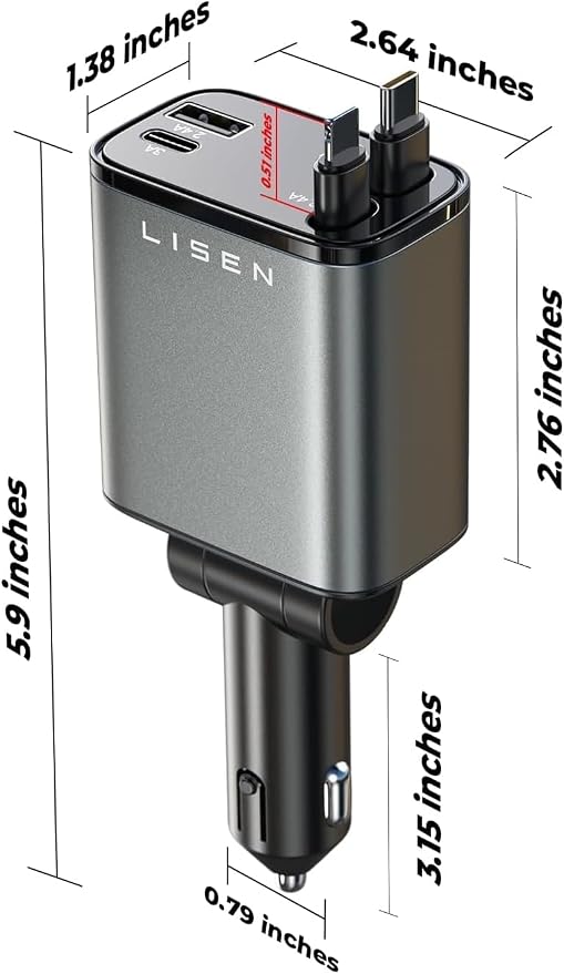 LISEN Retractable Car Charger 4 in 1 for Cars, 69W Retractable USB C Car Charger with 31.5in Cable, Fast Charging for iPhone 17 16 15 14 13 12 Pro Max Plus, Compact Cars Accessories for Daily Driving | Multiple Ports Car Charger, Retractable Car Charge...