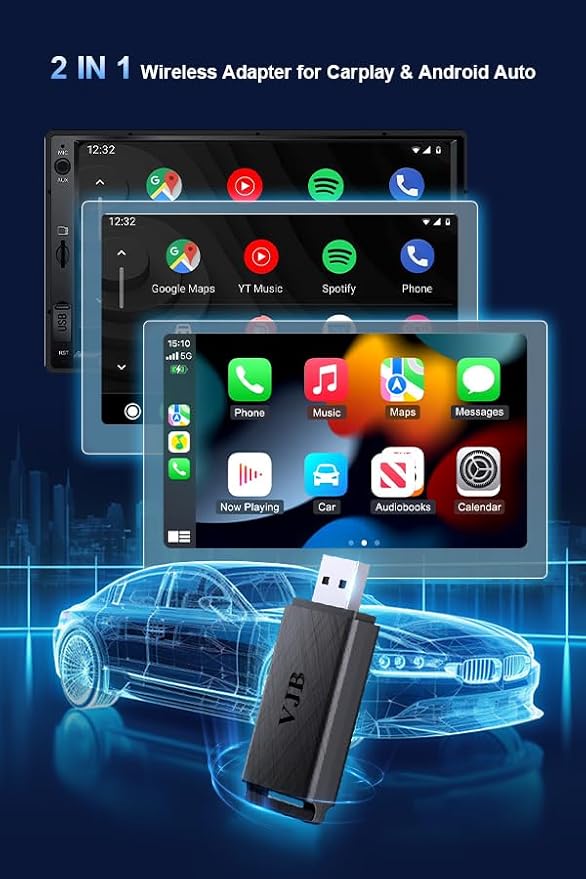 VJB Wireless CarPlay & Android Auto Adapter Dongle for iPhone & Android, Wired to Wireless Converter, Plug and Play USB Car Accessory, Fast Auto-Connect for 2016+ Vehicles (iOS 10+, Android 10+)