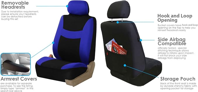 FH Group Car Seat Covers Combo Full Set with Carpet Floor mats Steering Wheel Cover and Seat Belt Pads- Universal Fit for Cars Trucks and SUVs (Blue)