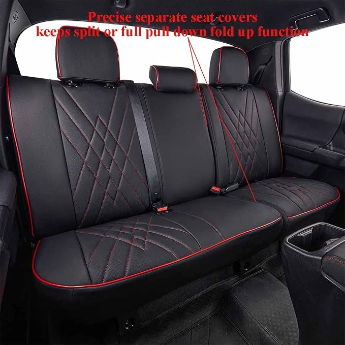 EKR Tacoma Leather Car Seat Covers Custom Fit for Toyota Tacoma 2012 2013 2014 2015 (Regular Seats) - Truck Seat Covers Full Set,Faux Leather(Black with Red Trim)