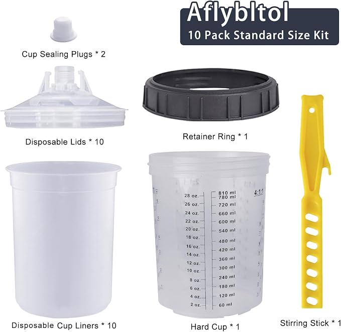 Disposable Paint Sprayer Mixing Cup for Automotive Paint Gun, HVLP Paint Spray Paint Gun 27 Ounce (800ml) Kit with 10 Cups and Lids System, 1 Hard Cup with Retainer Ring and 2 Plugs