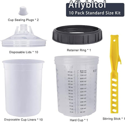 Disposable Paint Sprayer Mixing Cup for Automotive Paint Gun, HVLP Paint Spray Paint Gun 27 Ounce (800ml) Kit with 10 Cups and Lids System, 1 Hard Cup with Retainer Ring and 2 Plugs