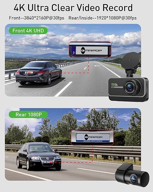 GMAIPOP True 4K Dash Cam Front and Rear with 64GB Card, Wireless WiFi APP Dual Car Camera, Smart Dashcam with AI Night Vision, 24HR Parking Monitor for SUV Truck (Silver)