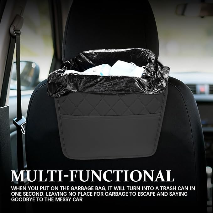 Car Seat Back Organizer, Leather Backseat Hanging Storage Bag, Multipurpose Car Hanging Trash Bag with 2 Compartments, Car Large Capacity Pouch Pocket for Kids & Adults (Black)