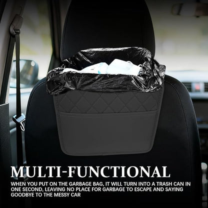 Car Seat Back Organizer, Leather Backseat Hanging Storage Bag, Multipurpose Car Hanging Trash Bag with 2 Compartments, Car Large Capacity Pouch Pocket for Kids & Adults (Black)