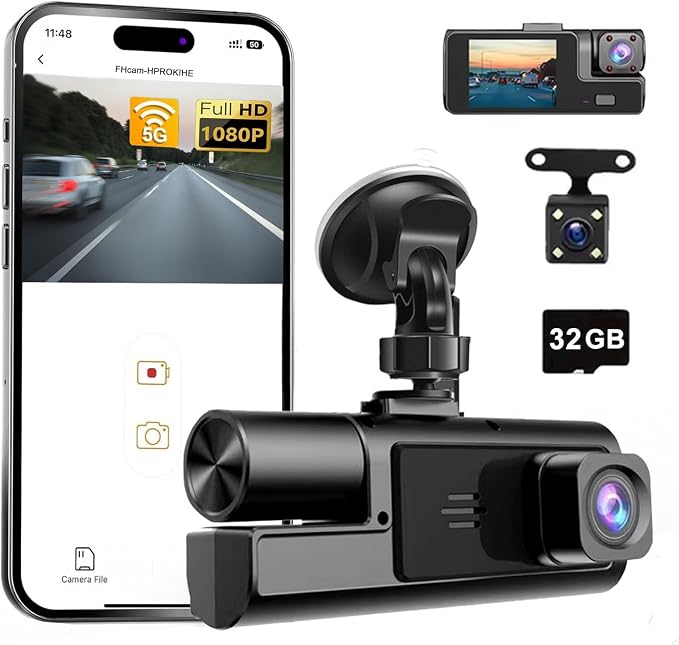 WiFi 1080P 3 Channel Dash Camera for Car Front and Inside Dashcam Car Security Video Recorder,170°Wide Angle Vehicle Cam,WDR,G-Sensor,Loop Recording,Night Vision (WiFi 3Channel Dash Cam With 32G Card)