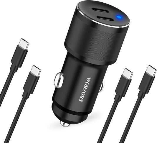 Dual 45W USB C Car Charger, 90W Max Super Fast Charging, All Metal 12V Cigarette Lighter Adapter for iPhone 17 Pro Max/16/15/iPad, Samsung Galaxy S26/S25, Google Phones with 2 Type C Cable 3.3ft Black