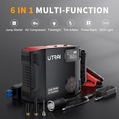 UTRAI Jump Starter with Air Compressor, 7000A 27000mAh Car Starter Jump Box with 150PSI Tire Inflator, Portable Jump Pack (All Gas/10L Diesel), DC160W, QC3.0 Jumper Cables, 1600LM Light