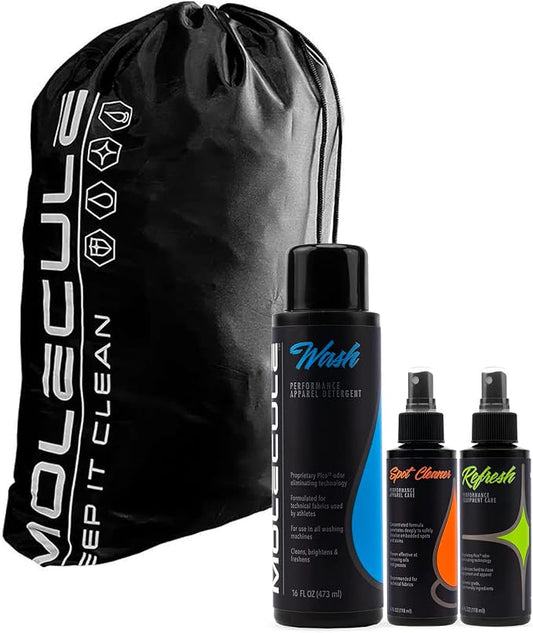 Molecule Clean Kit | Performance Apparel Care | 16 Ounce Wash, 4 Ounce Refresh, 4 Ounce Spot Cleaner, and Laundry Bag | Cleans & Deodorizes Race Suits | Removes Tough Spots and Stains | 1 Kit