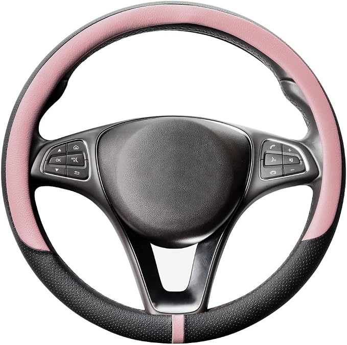 COFIT Breathable Car Steering Wheel Cover 16 inch Auto Universal Leather Wrap Non-Slip Steeringwheel Protector Automotive Interior Accessories, Pink (Suit for 15.5-16 inch)