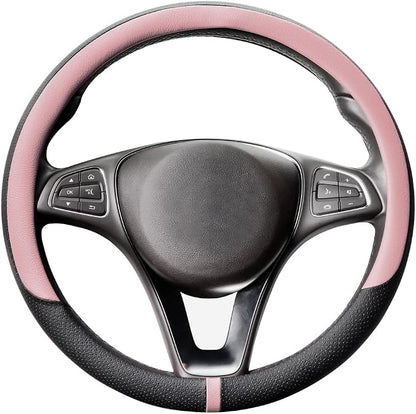 COFIT Breathable Car Steering Wheel Cover 16 inch Auto Universal Leather Wrap Non-Slip Steeringwheel Protector Automotive Interior Accessories, Pink (Suit for 15.5-16 inch)