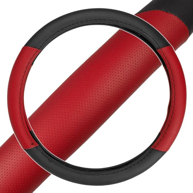 BDK Sporty Two Tone Ergonomic Grip Steering Wheel Cover - Plush Leather Grip for Standard Size Wheels 14.5-15 inch Red/Black