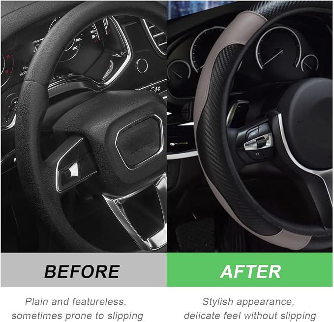 DXNQ Car Steering Wheel Cover, 15 Inch Carbon Fiber Leather Stitching Color Steering Wheel Protector, Anti-Slip Elastic Breathable Steering Wheel Cover Stylish Decor for Most Cars (Black & Gray)