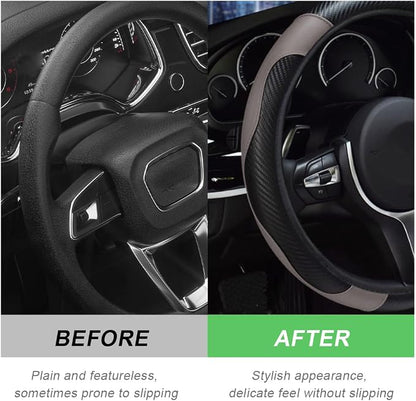 DXNQ Car Steering Wheel Cover, 15 Inch Carbon Fiber Leather Stitching Color Steering Wheel Protector, Anti-Slip Elastic Breathable Steering Wheel Cover Stylish Decor for Most Cars (Black & Gray)