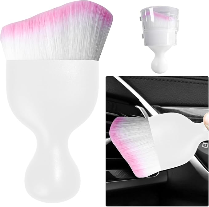 Ziciner Car Detailing Brush, Curved Soft Bristles Auto Removal Dust Collectors, Universal Vehicle Dashboard, Air Conditioner Vents etc Interior Cleaning Tool Accessory (White/White/Pink)
