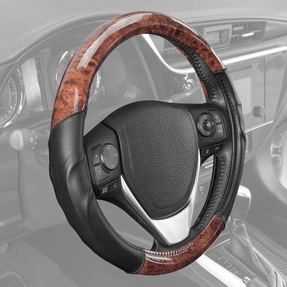 BDK Dark Wood Grain Steering Wheel Cover with Black Faux Leather Comfort Grip, Standard 15 inch Size, Car Steering Wheel Cover for Truck Van SUV Auto