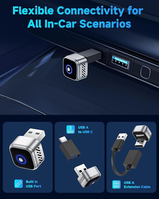 Wireless CarPlay Android Auto Adapter, Mini Dual System Switch, 3s Auto Reconnect, A9 Chip 5.8GHz WiFi 6.0 Bluetooth, USB-C/Type-C/Extension Cable, Compatible with iOS10+, Android 10+
