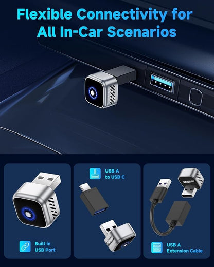 Wireless CarPlay Android Auto Adapter, Mini Dual System Switch, 3s Auto Reconnect, A9 Chip 5.8GHz WiFi 6.0 Bluetooth, USB-C/Type-C/Extension Cable, Compatible with iOS10+, Android 10+