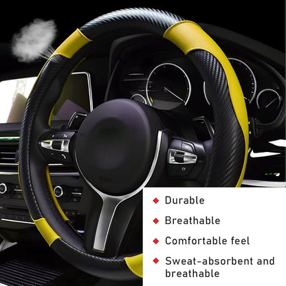 povtii Car Steering Wheel Cover, 15 Inch Leather Breathable Auto Steering Wheel Protector, Comfortable Non-Slip Vehicle Steering Wheel Covers, Universal Car Accessories (Yellow, with Lining)