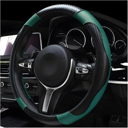 DXNQ Car Steering Wheel Cover, 15 Inch Carbon Fiber Leather Stitching Color Steering Wheel Protector, Anti-Slip Elastic Breathable Steering Wheel Cover Stylish Decor for Most Cars (Black Green)