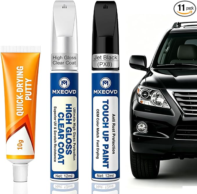 Jet Black PX8 Touch Up Paint Compatible with Jeep, All in One Car Scratch Repair Kit with Primer Putty & Clear Coat, Complete Sanding Tools Set for Scratches Chips Nicks