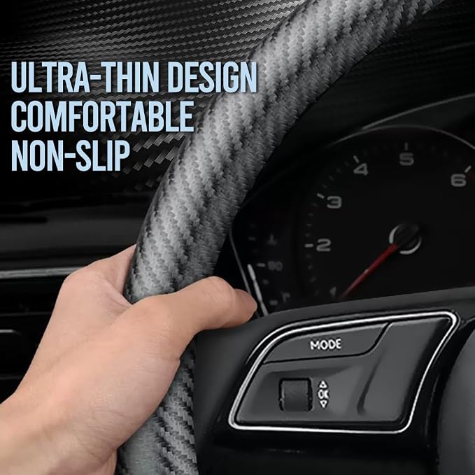 Carbon Fiber Leather car Steering Wheel Cover, Comfortable and Anti-Skid, Universal 15 inch (Black)