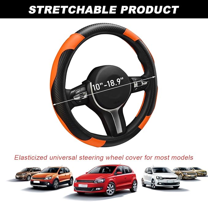 DXNQ Car Steering Wheel Cover, 15 Inch Carbon Fiber Leather Stitching Color Steering Wheel Protector, Anti-Slip Elastic Breathable Steering Wheel Cover Stylish Decor for Most Cars (Orange)