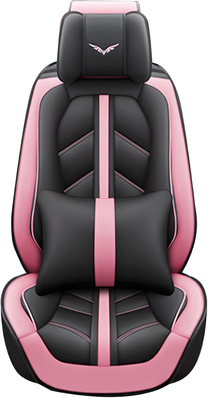 otoez Car Seat Covers Full Set, Leather Pink Seat Covers for Cars 5 Seats, Automotive Front and Rear Seat Protectors Universal Fit Most Cars Sedans SUV Pick-up Truck (Pink, with Pillows)