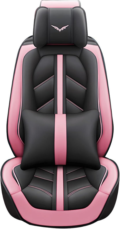 otoez Car Seat Covers Full Set, Leather Pink Seat Covers for Cars 5 Seats, Automotive Front and Rear Seat Protectors Universal Fit Most Cars Sedans SUV Pick-up Truck (Pink, with Pillows)