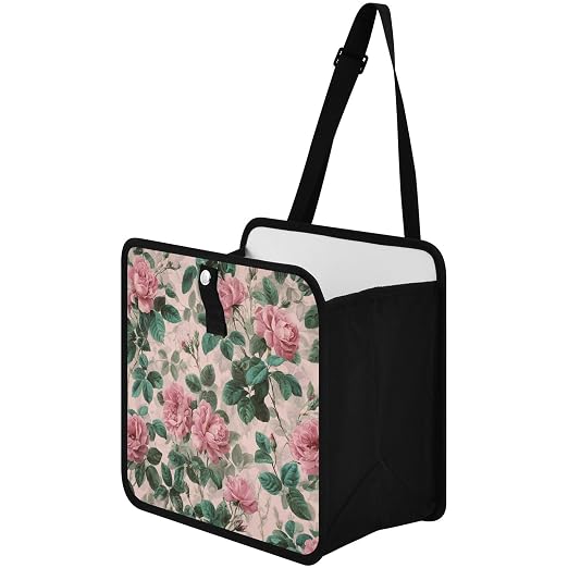 Car Trash Can Organizer Bin with Adjustable Strap for Back Front Seat Console Waterproof Leakproof Collapsible Portable 11 Inch Pink Vintage Roses with Leaves