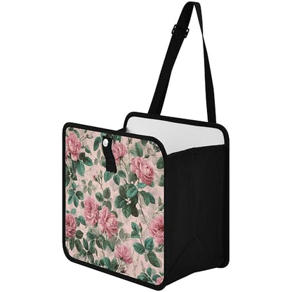 Car Trash Can Organizer Bin with Adjustable Strap for Back Front Seat Console Waterproof Leakproof Collapsible Portable 11 Inch Pink Vintage Roses with Leaves