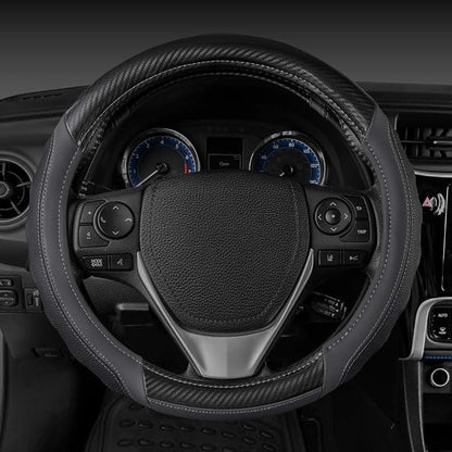 Motor Trend UltraSport Gray Carbon Fiber Steering Wheel Cover, Standard 15 inch Size, Black Faux Leather Comfort Grip, Car Steering Wheel Cover for Auto Truck Van SUV