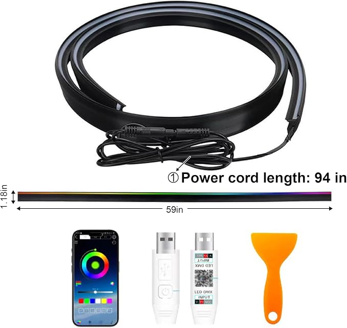 59" RGB LED Strip Lights for Car Interior,16M Colors RGB Front Windshield Ambient Lighting Kits, Music Sync, Easy Plug & Play Installation, Cuttable, Wide Compatibility