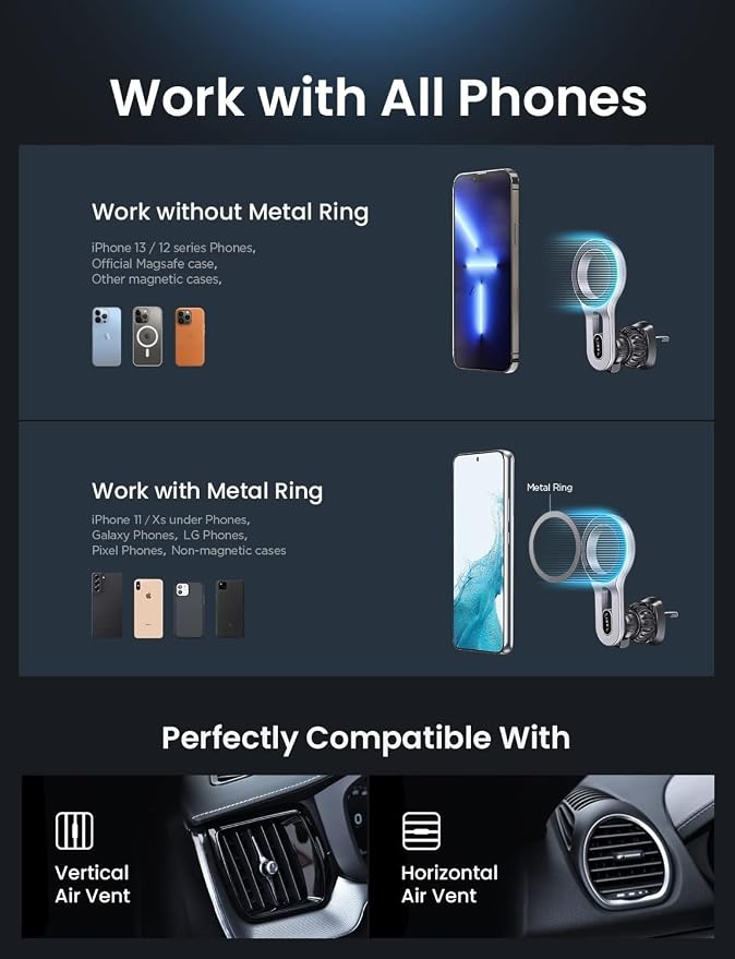 LISEN for MagSafe Car Mount, 2026 Magnetic Phone Holders for Car Air Vent Phone Mount [Ultra-Magnetic] Hands Free Cell Phone Holder Car Accessories for Men Women fit iPhone 17 16 15 14 13 Pro-Silver