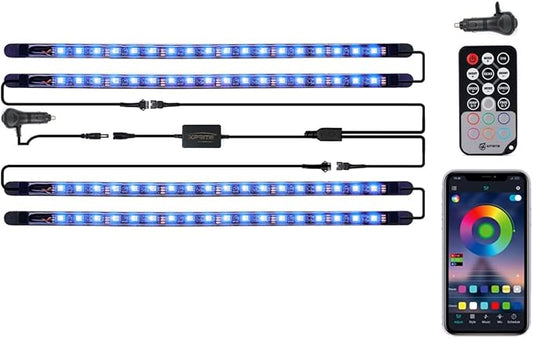 Xprite RGB LED Car Interior Bluetooth Light Strips w/Remote & Control Box, Silicone Sealed, Under Dash Footwell Lights Kit w/Cigarette Adapter for Vehicle Internal SUV Truck - 4 PCS