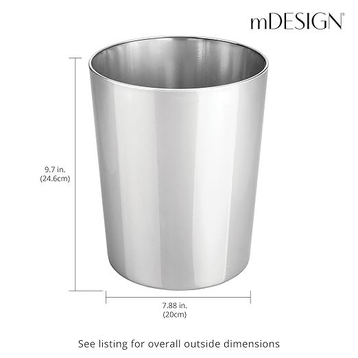 mDesign Round Metal Small 1.7 Gallon Recycle Trash Can Wastebasket, Garbage Container Bin for Bathrooms, Kitchen, Bedroom, Home Office - Durable Stainless Steel - Mirri Collection - 2 Pack - Chrome