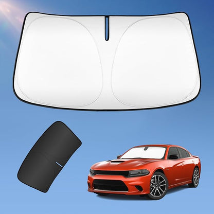 Sun Shade Sunshade for Dodge Charger 2011-2024 2025 Windshield Cover, 4-Layers Sun Shield 250T Silver Sun Visor Foldable Window Shade for Charger Blocks UV Rays Cooler Car Accessories