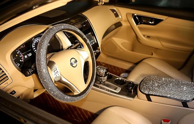Bling Bling Women Steering Wheel Cover for car, 15 Inch Universal White Crystal Rhinestone Diamond Bling Accessories Anti-Slip Wheel Protector