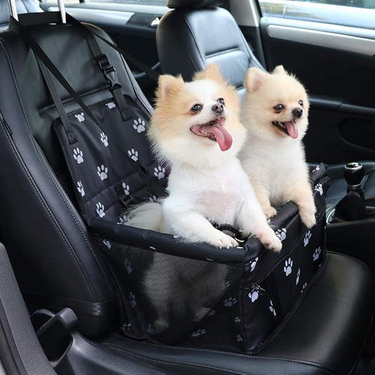 Petbobi Pet Reinforce Car Booster Seat for Dog Cat Portable and Breathable Bag with Seat Belt Dog Carrier Safety Stable for Travel Look Out,with Clip on Leash with PVC Tube, Black Paw Print