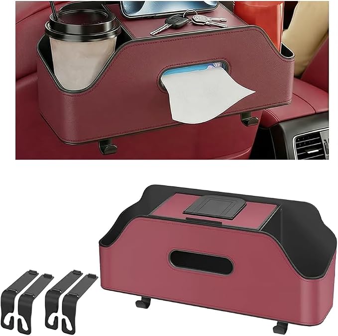 Car Backseat Headrest Organizer, Multifunctional 4-in-1 Back Seat Tissue Box with Cup Holders Hooks, Auto Seat Back Storage Organizer for Hold Phones, Drinks, Bags, Universal Fit (Red)