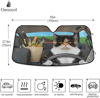 Cat Driving Car Windshield Sun Shade Fun Animal Cool Foldable UV Ray Sun Visor Protector Sunshade to Keep Your Vehicle Cool (55" x 27.6")